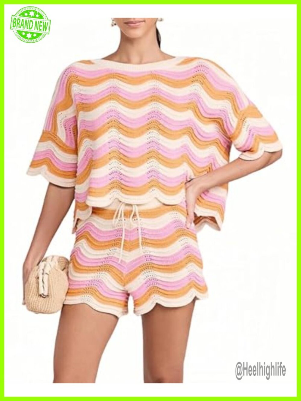 Crochet 2 Piece Set Short Sleeve Cover Up with Tied Shorts Beach Outfit